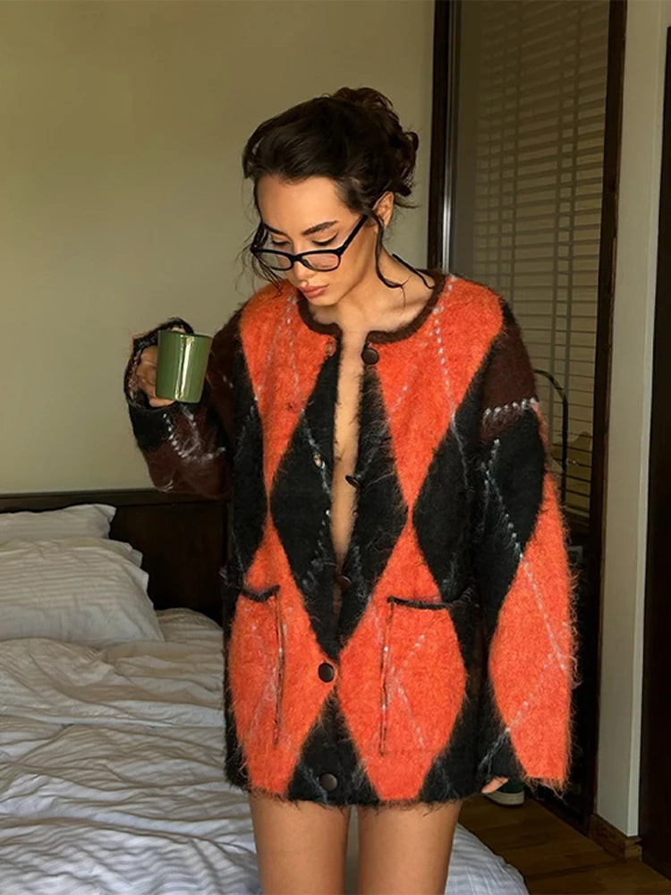 Pull Mohair Carreaux Femme - Cardigan Col Rond Manches Longues Boutonnage Automne