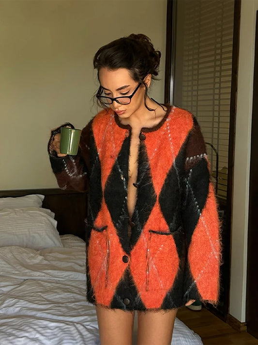 Pull Mohair Carreaux Femme - Cardigan Col Rond Manches Longues Boutonnage Automne