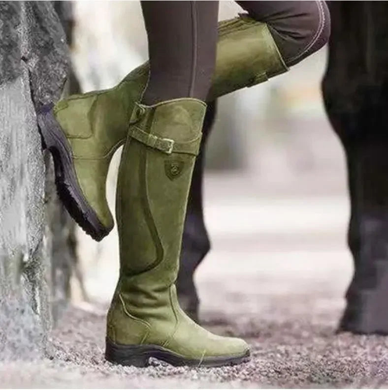 Bottes en daim pour femme, chaussures à la mode occidentale, à talons hauts, carrés, longs et confortables, hiver