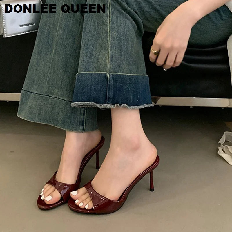 Sandales Mules Cuir Verni Talons Fins - Escarpins Ouverts Mode Femme 2025