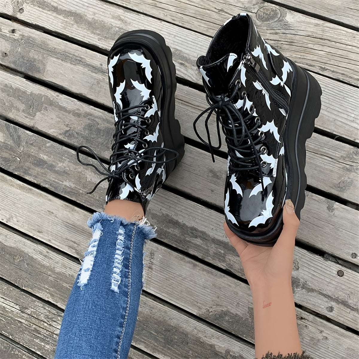 Bottines Chelsea Pied-de-Poule - Plateforme Talon Haut Lacets Décontractées Femme