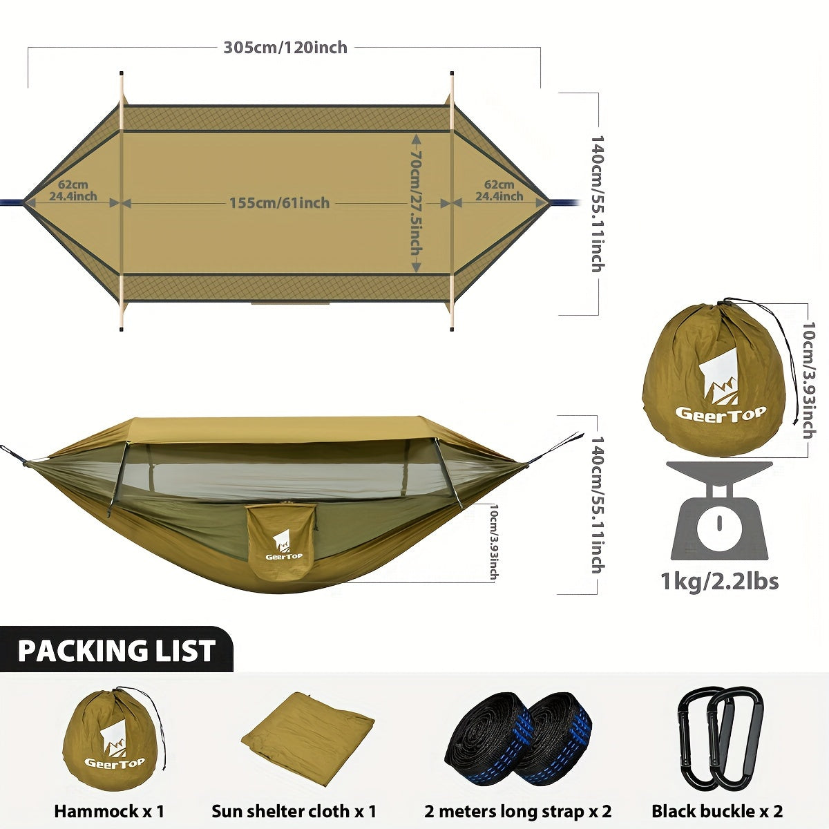 Hamac GEERTOP 3-en-1 Camping - Double Moustiquaire Abri Soleil Voyage Jardin