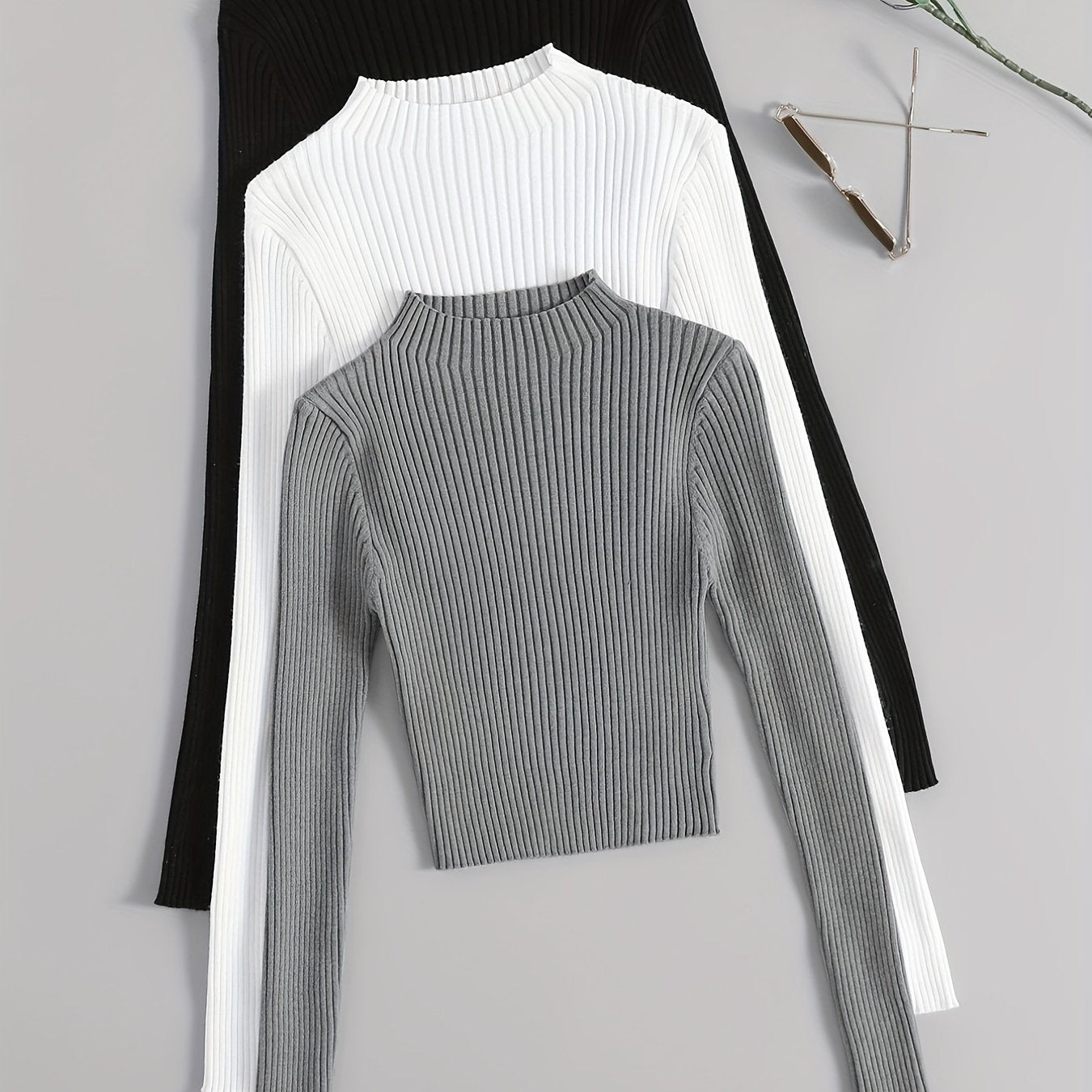 Pack 3 Tops Col Montant Côtelés Femme - Manches Longues Slim Polyvalents Casual