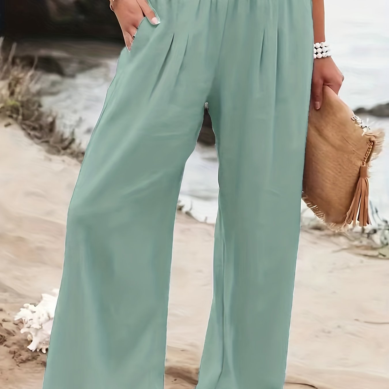 Pantalon Large Taille Smockée Femme - Jambes Larges Poches Obliques Décontracté