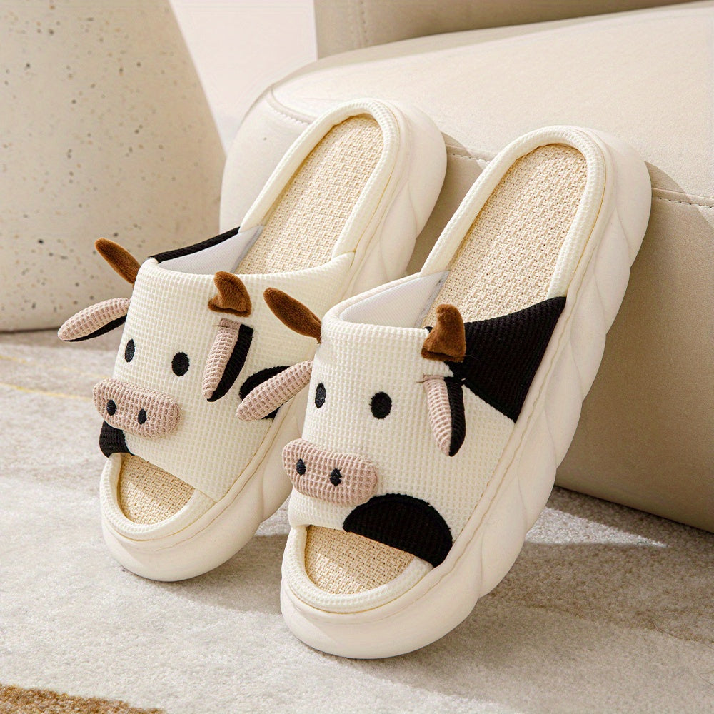 Chaussons Maison Vache Cartoon - Plateforme Semelle Souple Antidérapante Peluche Chaude Femme