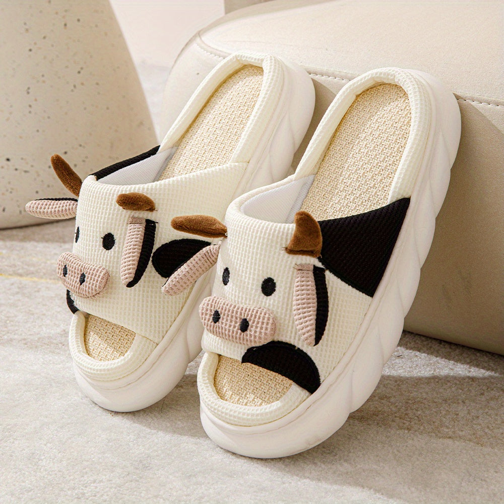 Chaussons Maison Vache Cartoon - Plateforme Semelle Souple Antidérapante Peluche Chaude Femme