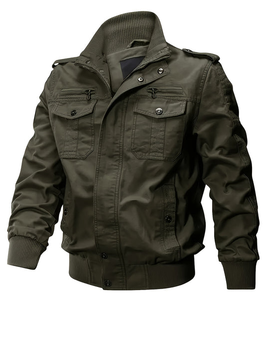 Veste Motard Homme Rétro Multi-Poches - Col Montant Vert Olive Cargo Automne/Hiver Lavable