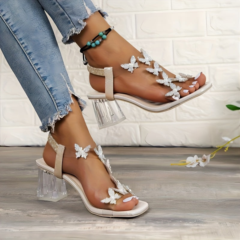 Sandales Talon Chunky Femme - Fleur Strass Bout Carré Bride Élastique Mi-Hauteur