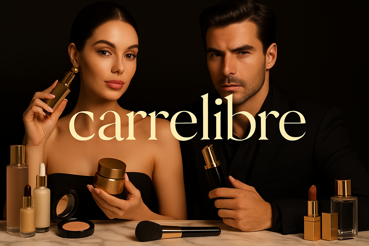 Bannière avec femme et homme tenant des produits cosmétiques avec texte carrelibre