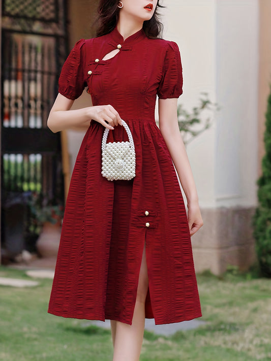 Robe Froncée Fendue Femme - Manches Bouffantes Uni Midi Élégante