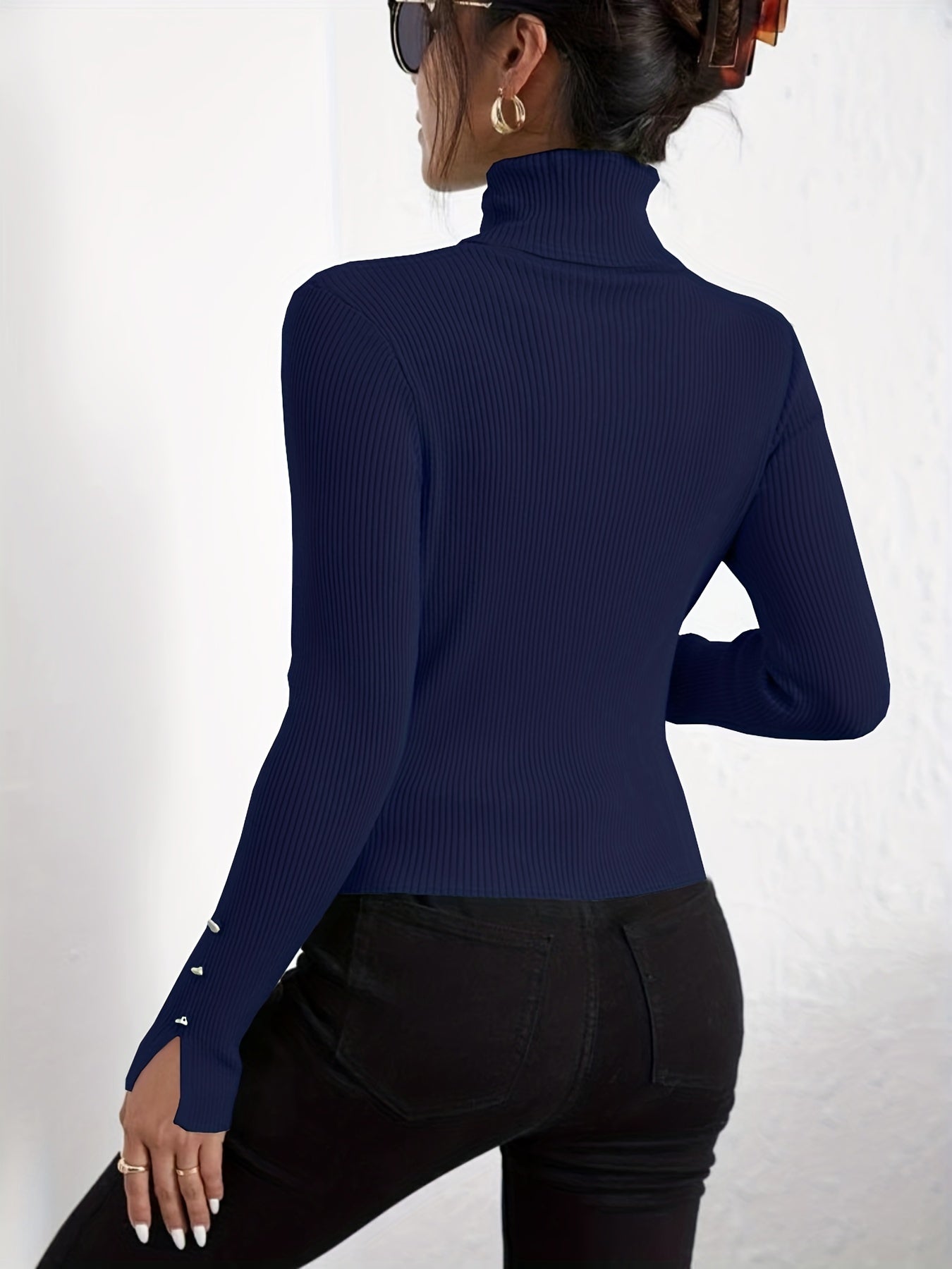 Pull Col Roulé Uni Femme - Manches Longues Faux Boutons Slim Automne Hiver