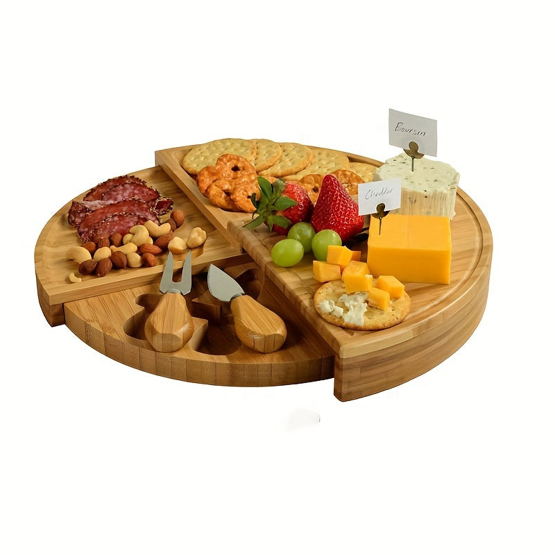 Plateau Fromage Bambou avec Tiroir et Couteaux - Planche Apéritif Élégante
