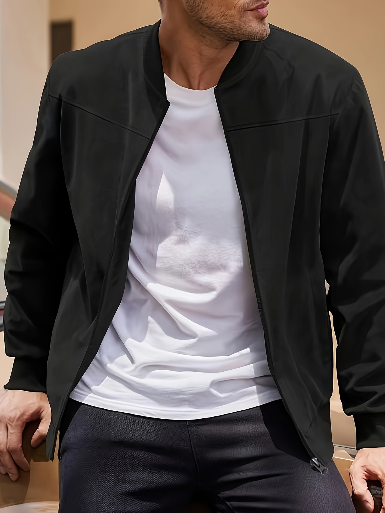 Men's Casual Retro-Inspired Lightweight Zip-Up Jacket - Solid Color, Machine Washable with Baseball Collar