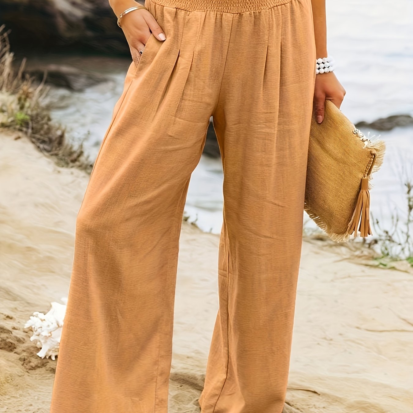 Pantalon Large Taille Smockée Femme - Jambes Larges Poches Obliques Décontracté