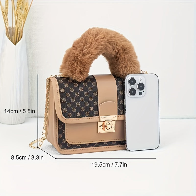 Sac à Bandoulière Vintage Fausse Fourrure - Motif Géométrique Rétro