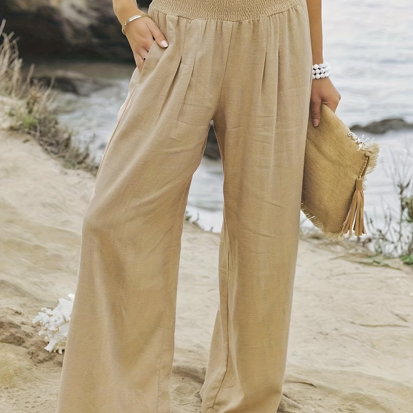 Pantalon Large Taille Smockée Femme - Jambes Larges Poches Obliques Décontracté