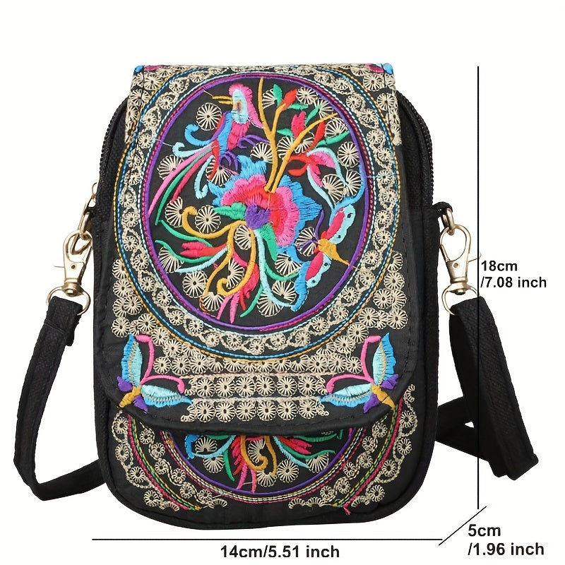Sac Bandoulière Brodé Femme - Mini Sac Épaule Léger Motif Floral Géométrique Fermeture Éclair