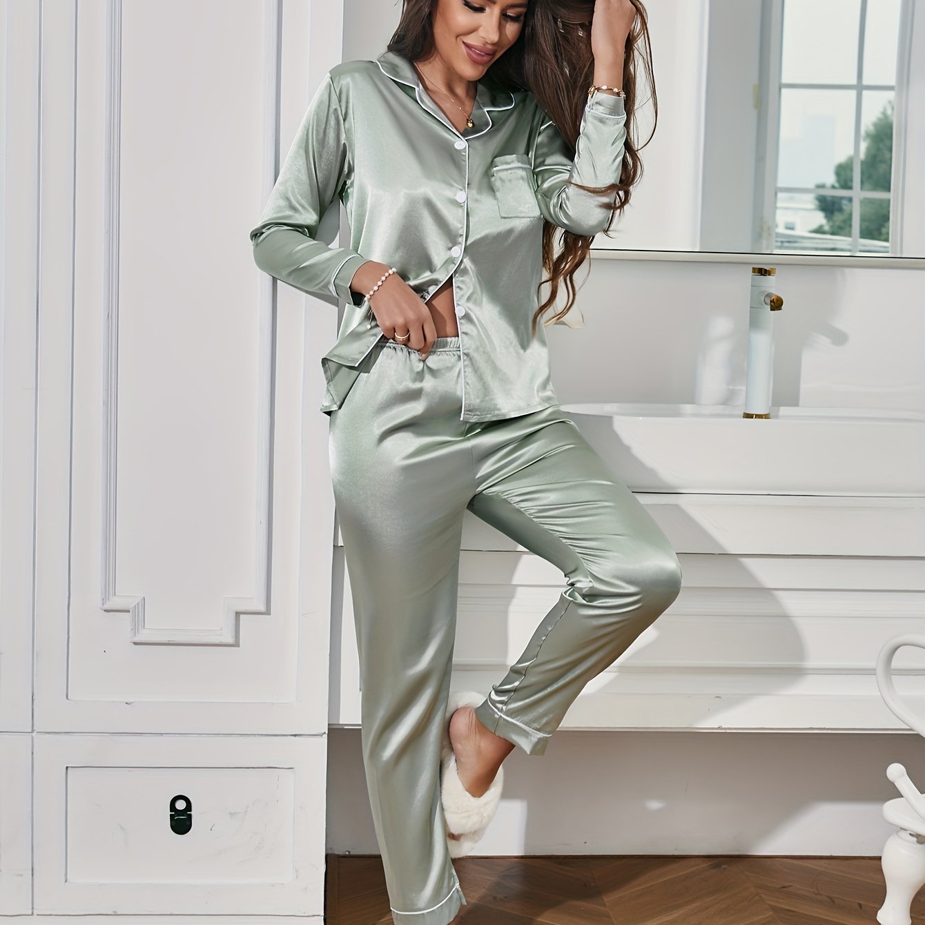 Ensemble Pyjama Uni Femme - Haut Boutonné Manches Longues Col Revers et Pantalon