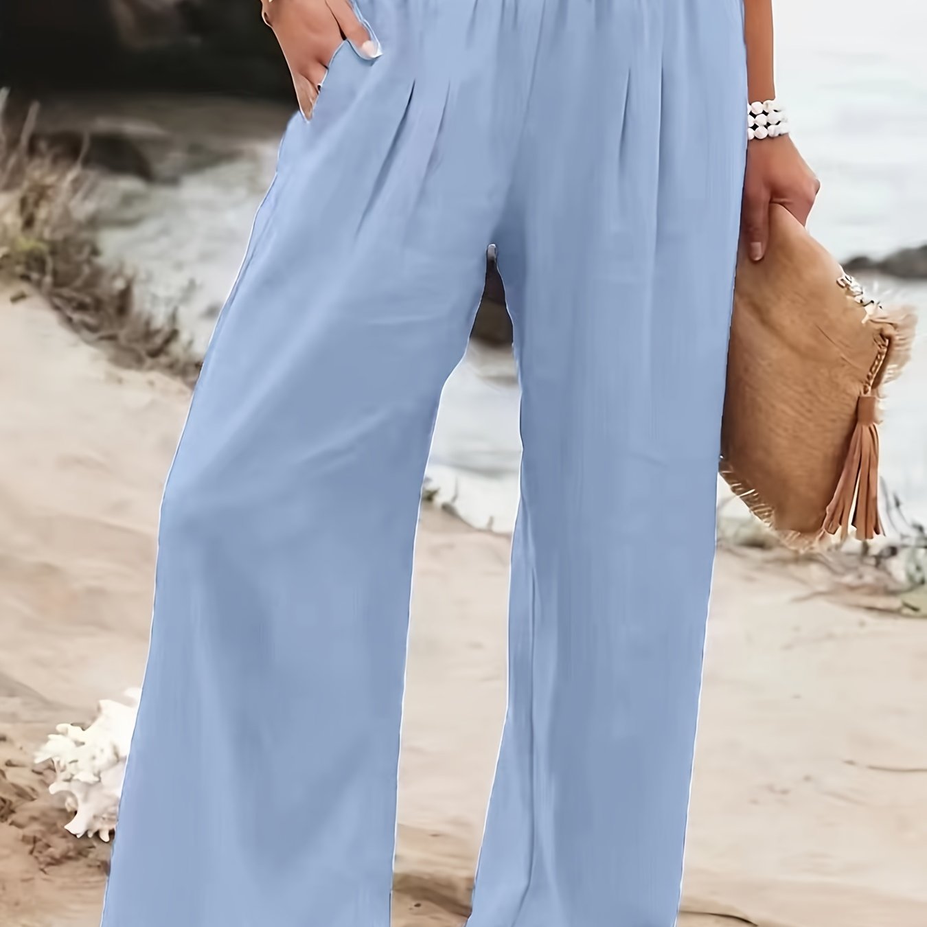 Pantalon Large Taille Smockée Femme - Jambes Larges Poches Obliques Décontracté