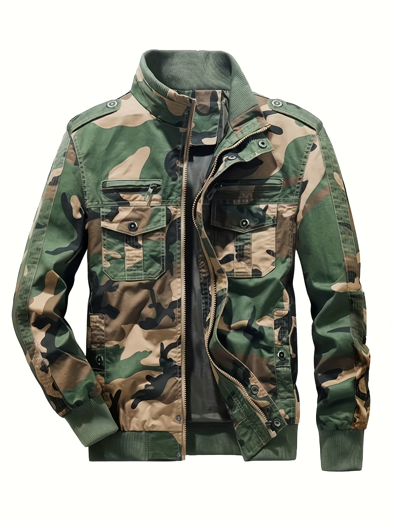 Veste Motard Homme Rétro Multi-Poches - Col Montant Vert Olive Cargo Automne/Hiver Lavable