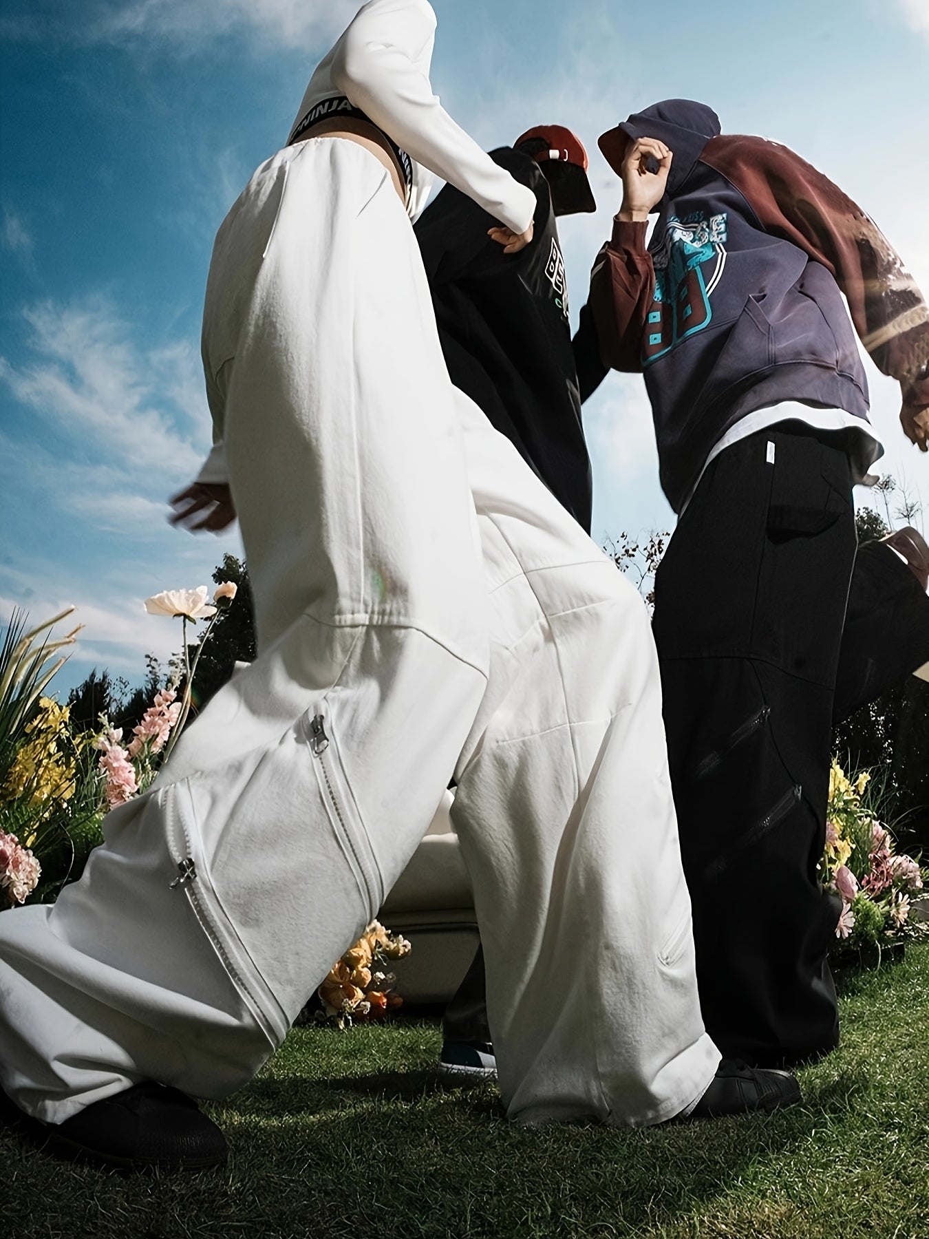 Retro Cotton Cargo Pants for Men & Women - Loose Fit Straight Leg Casual Jeans with Zipper Details, Unisex Vintage Style, Green & Black Denim, Hand Wash Only, Unisex Clothing | Utility Style Pants | Nonstretch Fabric