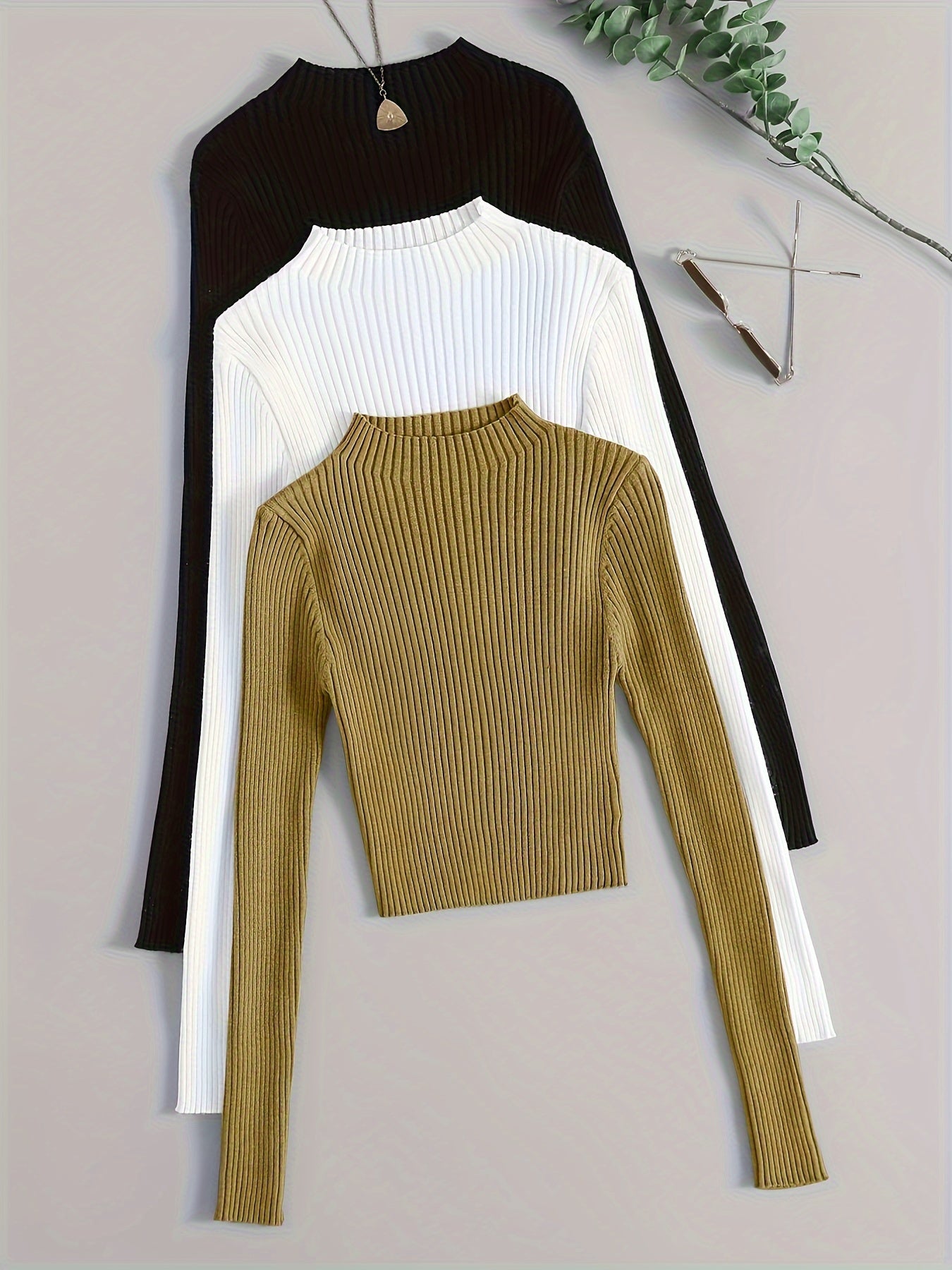 Pack 3 Tops Col Montant Côtelés Femme - Manches Longues Slim Polyvalents Casual