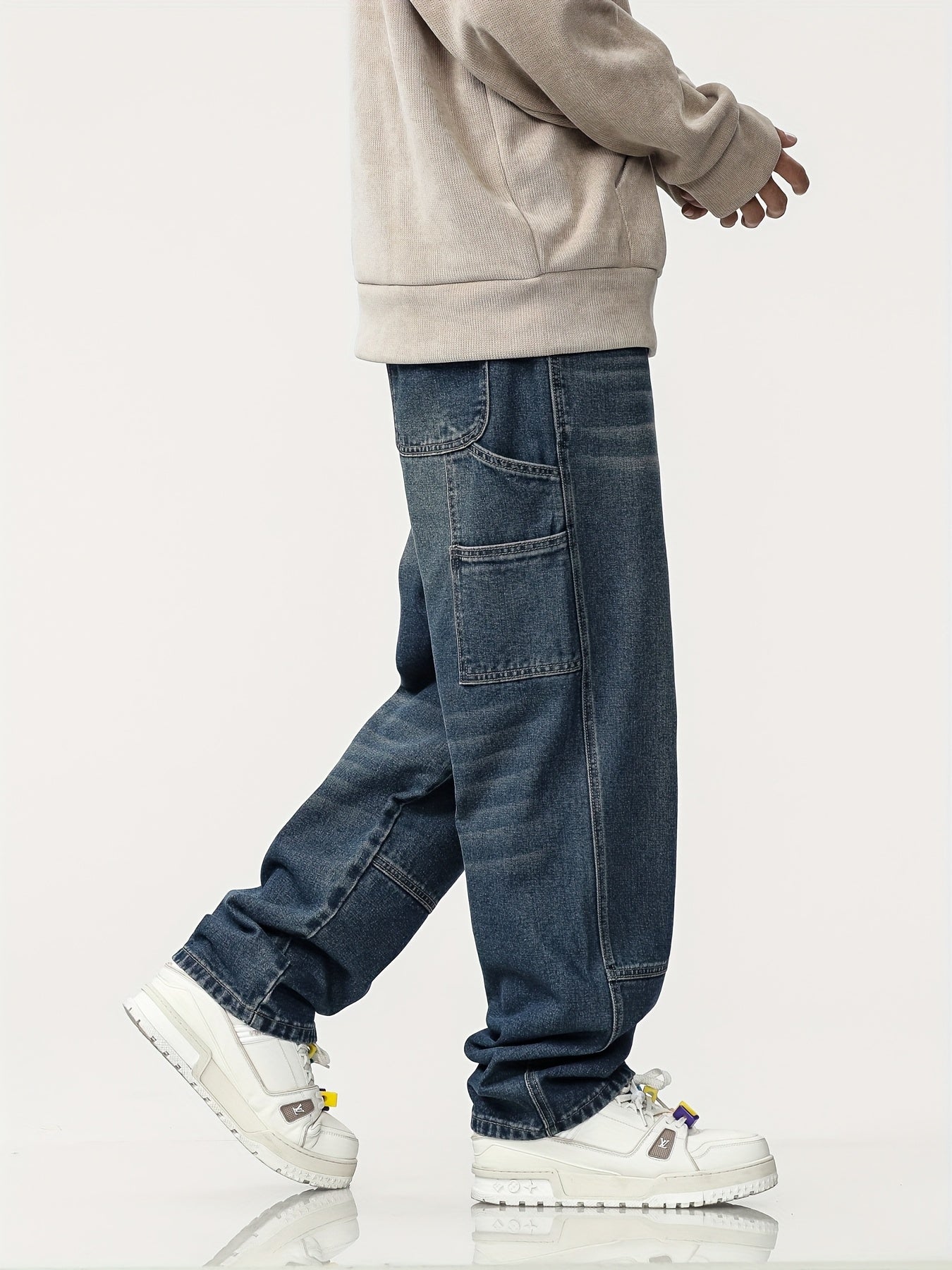 Jeans Workwear Rétro Homme - Large Multi-Poches Bleu Foncé Délavé