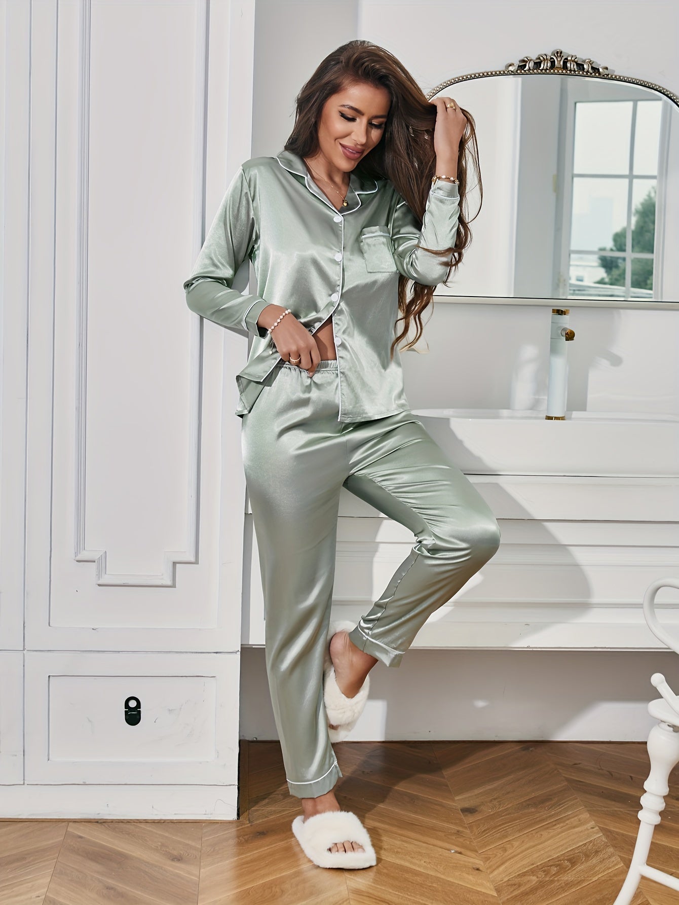 Ensemble Pyjama Uni Femme - Haut Boutonné Manches Longues Col Revers et Pantalon