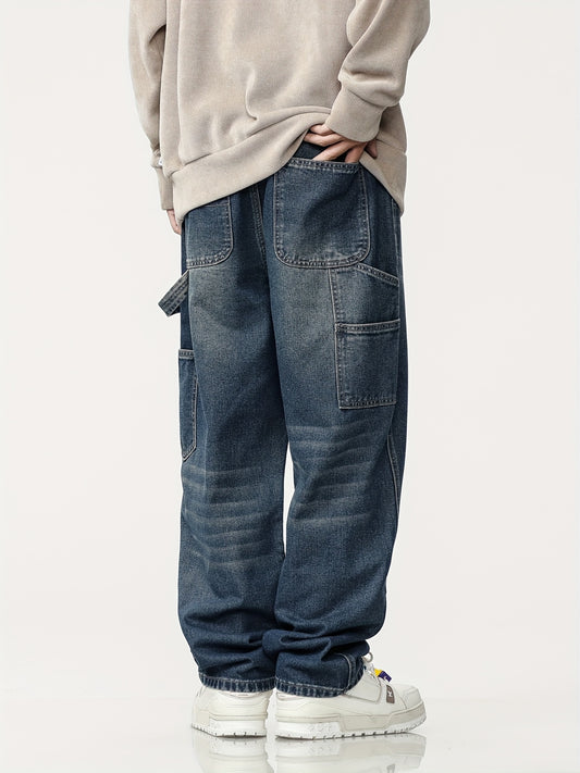 Jeans Workwear Rétro Homme - Large Multi-Poches Bleu Foncé Délavé