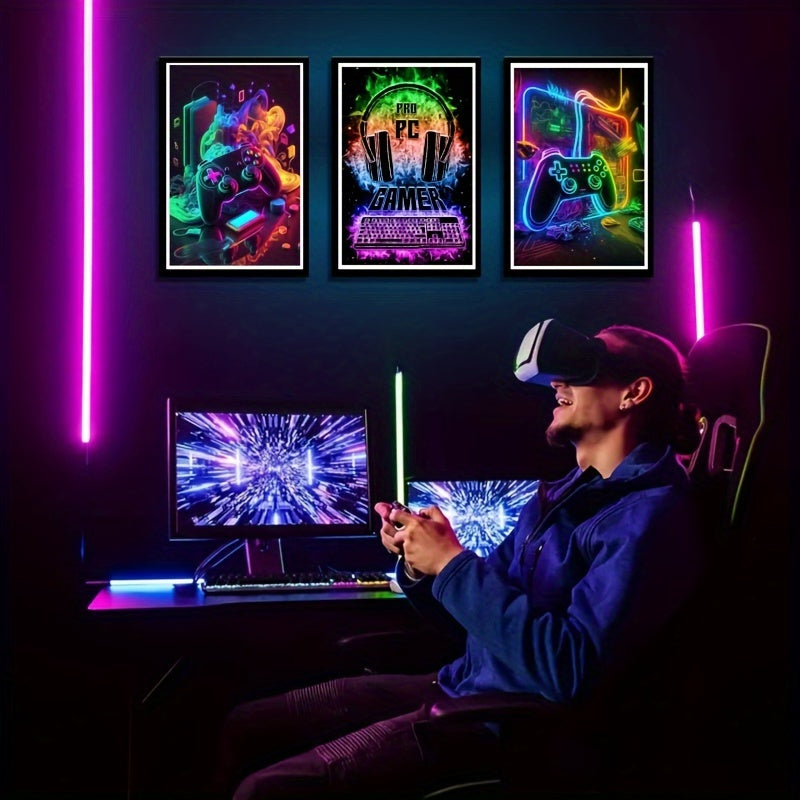 Set 3 Posters Muraux Rétro Gamer - Art Néon Gamepad 43x30cm Décoration Chambre
