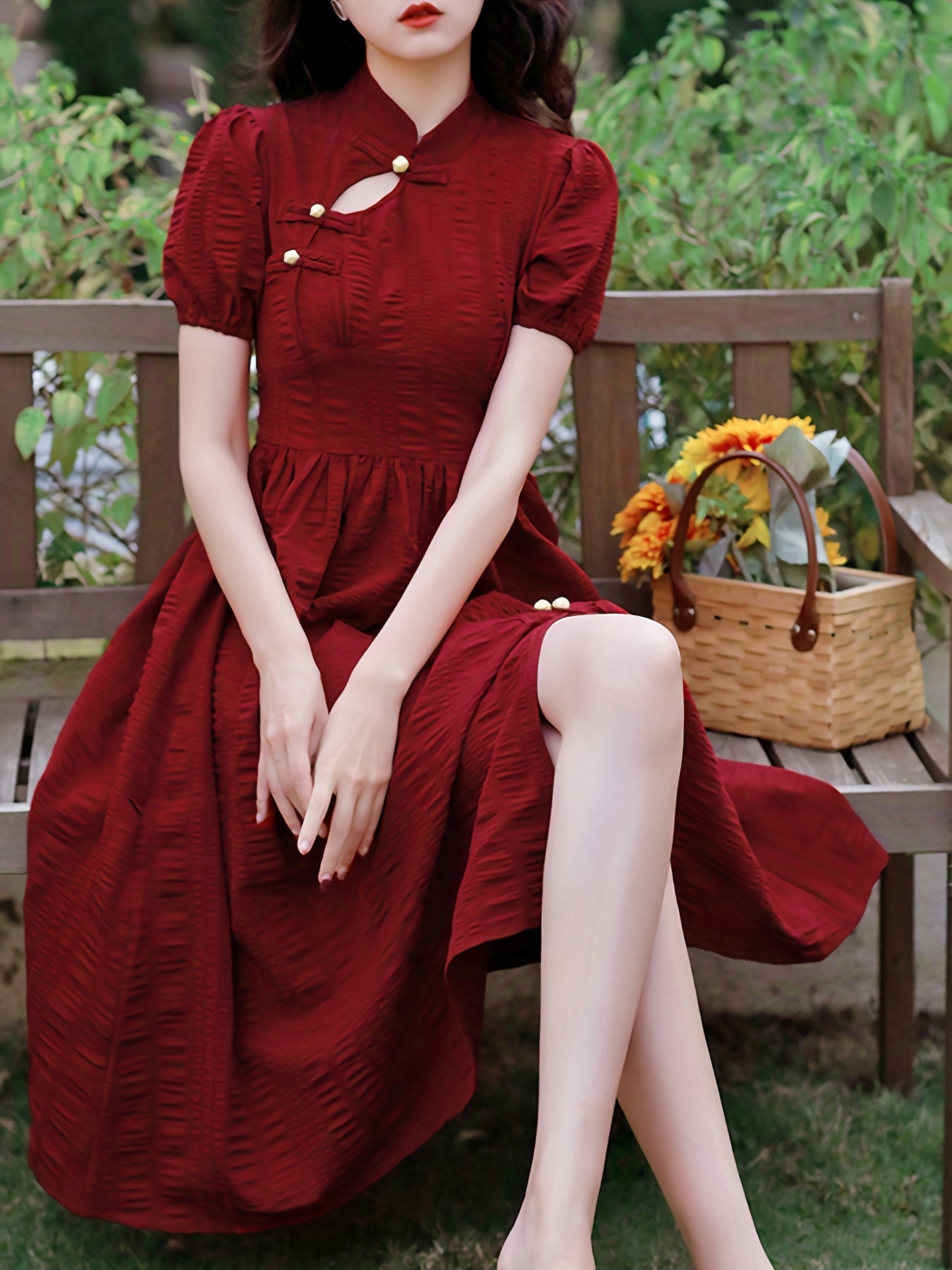 Robe Froncée Fendue Femme - Manches Bouffantes Uni Midi Élégante