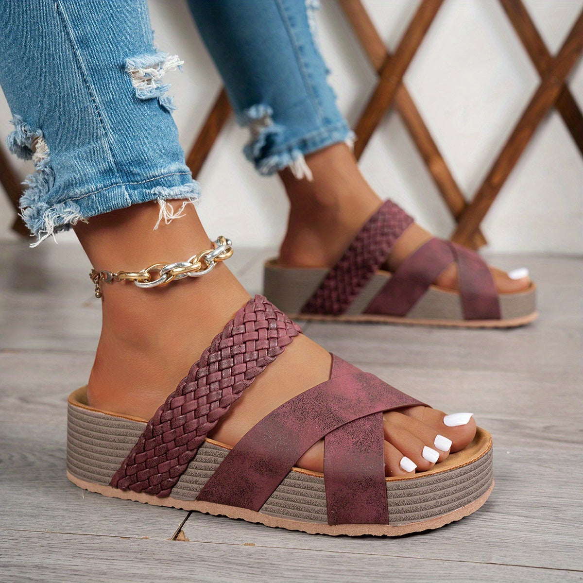 Women's Retro Bohemian Beach Sandals - Thick Platform Wedge Heel, Adjustable Straps, Synthetic Cover Upper & PU Sole - Summer Casual Travel Shoes for Women, Beach Shoes, Comfortable Wear, Open Toe Design, Durable Comfort
